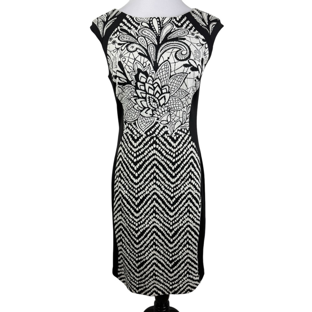 Alexa B. Paisley Herringbone Skirt Sheath Midi Dress Women's 8 Black White